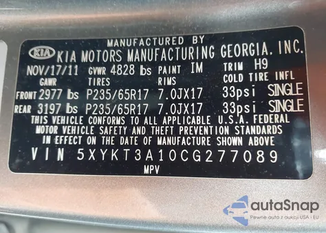 2012 Kia Sorento Lx from USA, damaged, VIN 5XYKT3A10CG277089